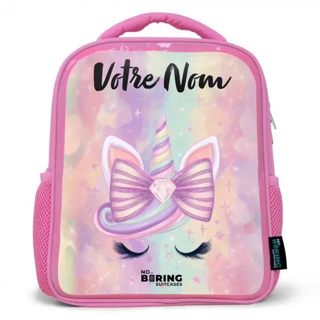 Sac à dos avec votre nom - Rose - Licorne - Paillettes - Arc-en-ciel - Pastel