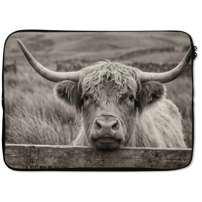 Schotse hooglander - Zwart - Wit - Hout laptophoes neopreen klein -zkaufland3dotto