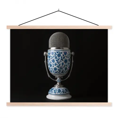 Microfoon - Delfts blauw - Muziek textielposter latten blank klein -3d