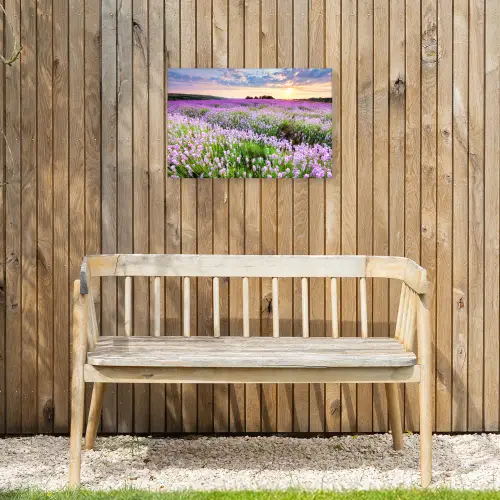 Lavendel - Bloemen - Zonsondergang - Paars - Weide Tuinposter op houten frame 2 cm dik klein -sfeer4