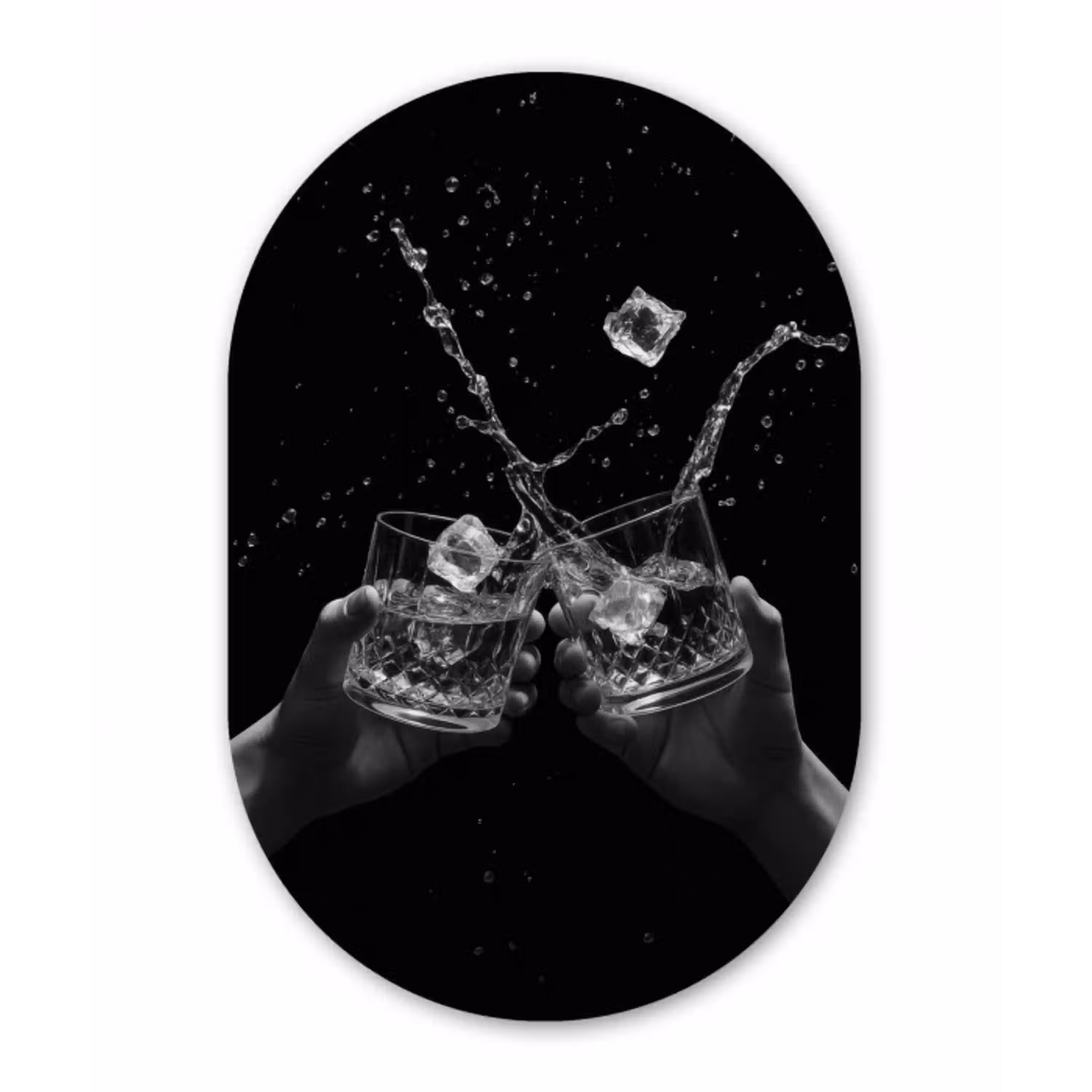 Whiskyglazen - Ijs - Spetters - Zwart Wandcirkel Ovaal Glas middel -3d