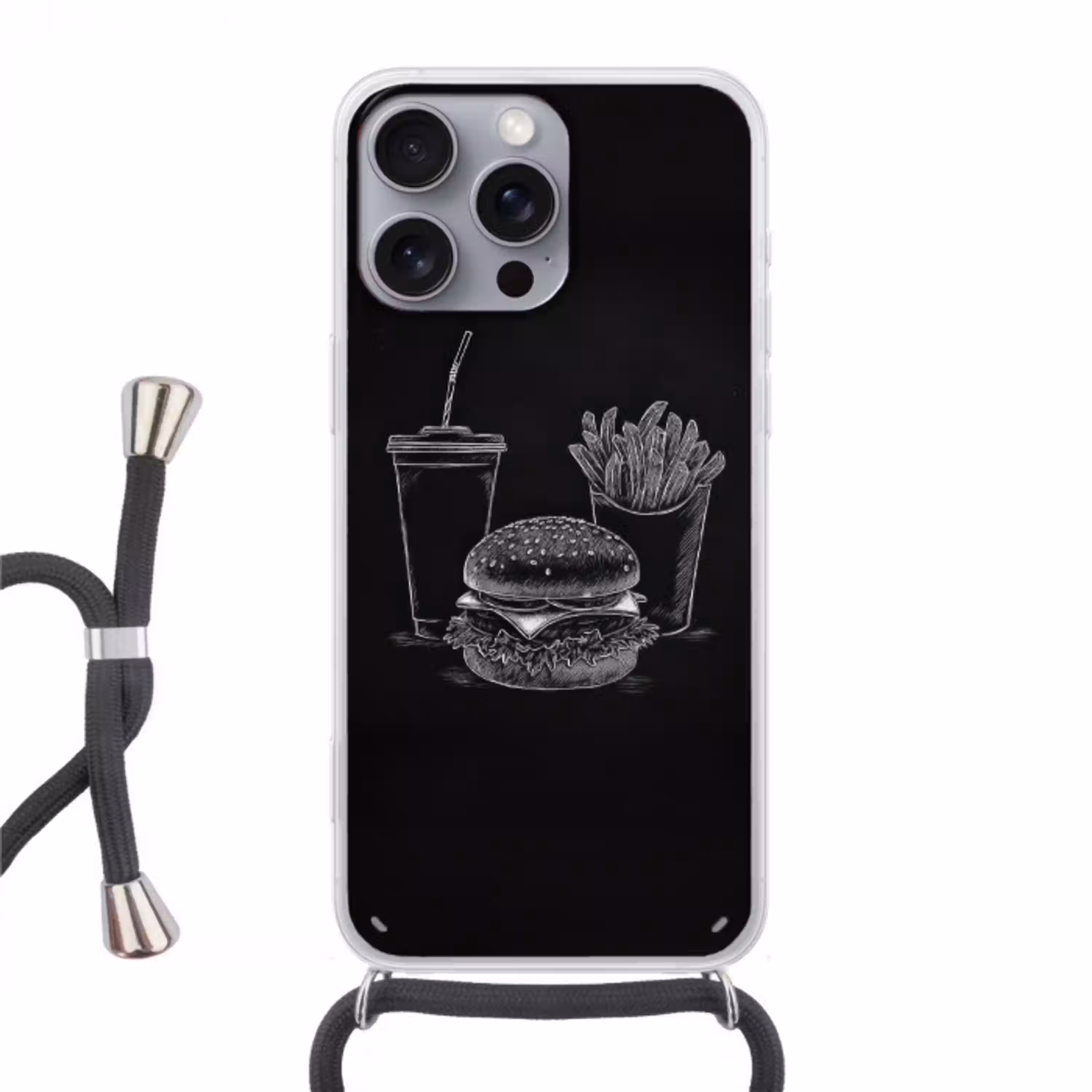 Hamburger - Friet - Frisdrank - Krijttekening Hoesje iPhone 16 Pro Max met koord klein -3d