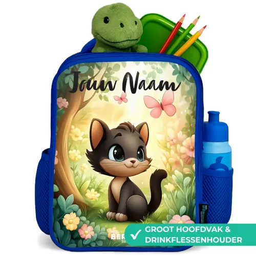 Kat - Vlinder - Bloemen Kinderrugzak - Blauw middel -inhoud_NL