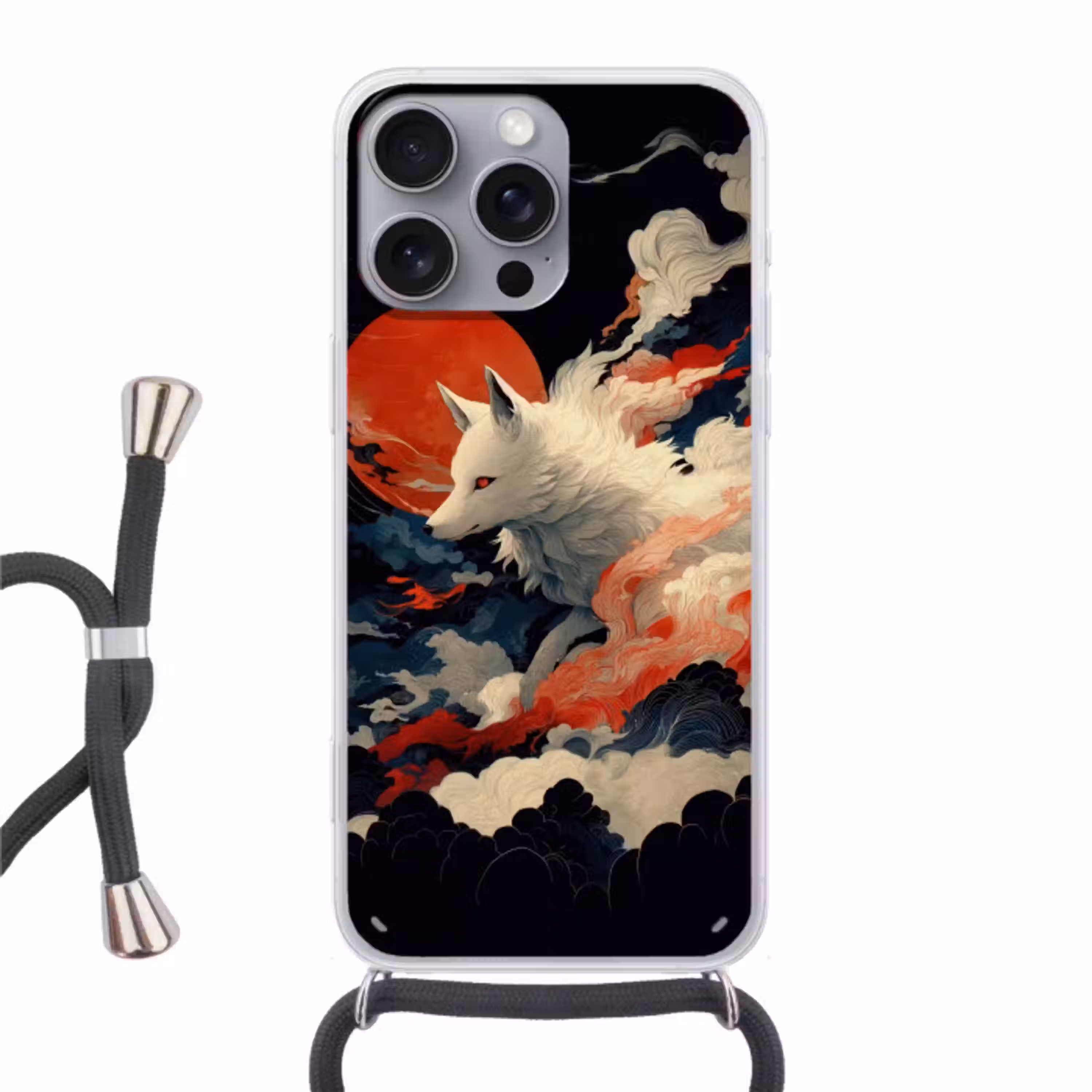 Witte vos - wolken - maan Hoesje iPhone 16 Pro Max met koord klein -3d