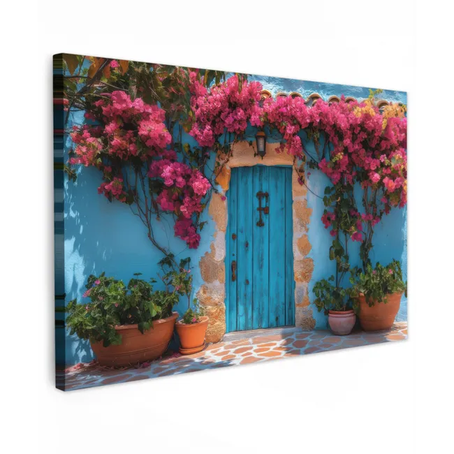 Buiten canvas - Deur - Hout - Bloemen - Blauw