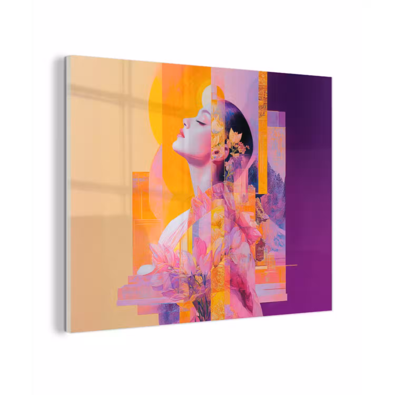 Glas schilderij - Abstract - Portret - Vrouw - Kleurrijk