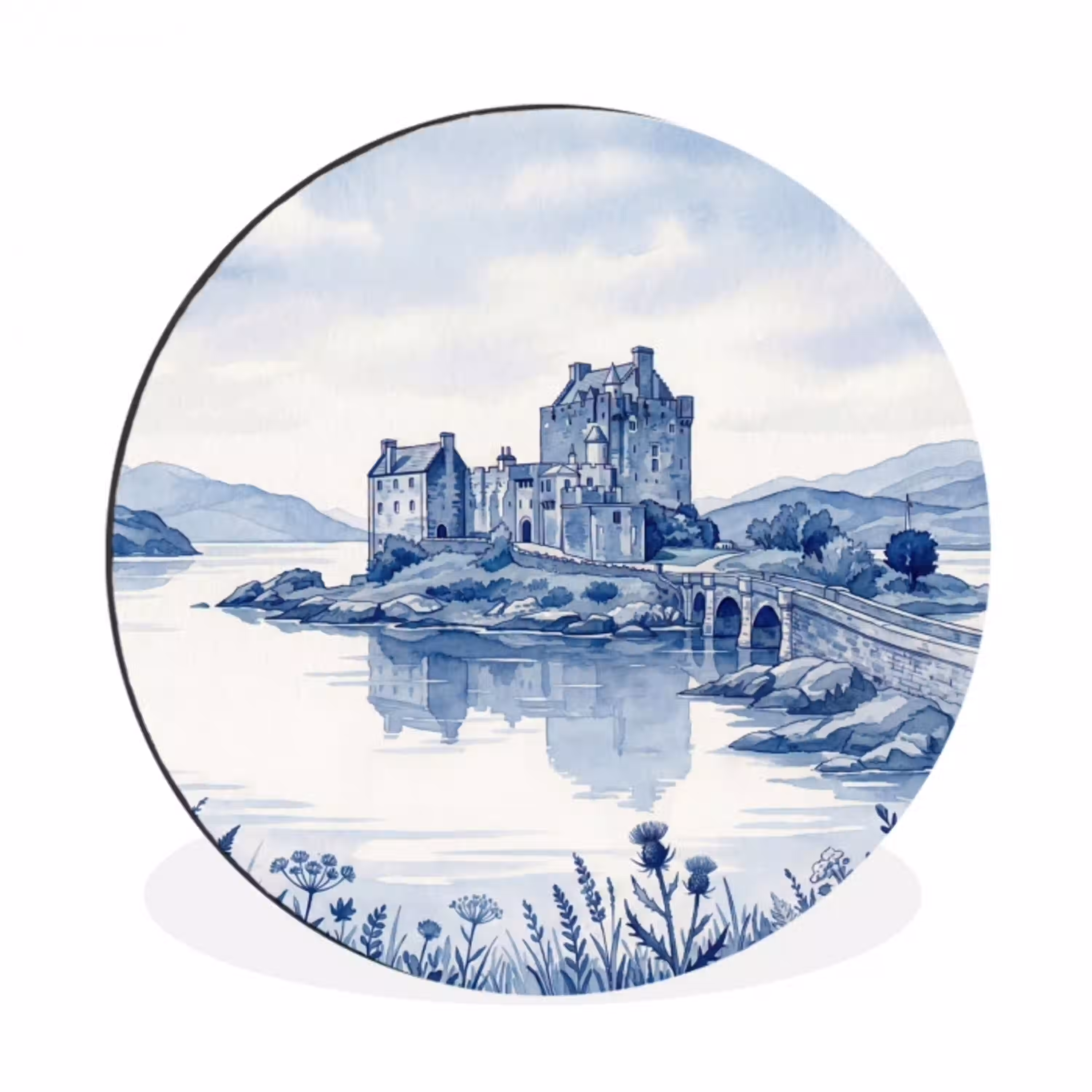 Schots - Kasteel - Blauw - Aquarel Wandcirkel aluminium klein -3d