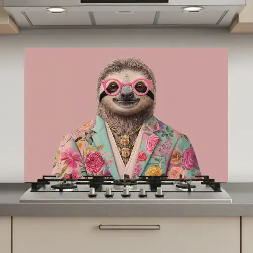 Luiaard - Bloemenprint - Bril - Roze keuken achterwand spatscherm klein -3d_website