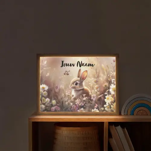 Konijntje - Bruin - Bloemen - Vlinders Light Box met batterij (Wandlamp kind) middel -sfeer1_kind