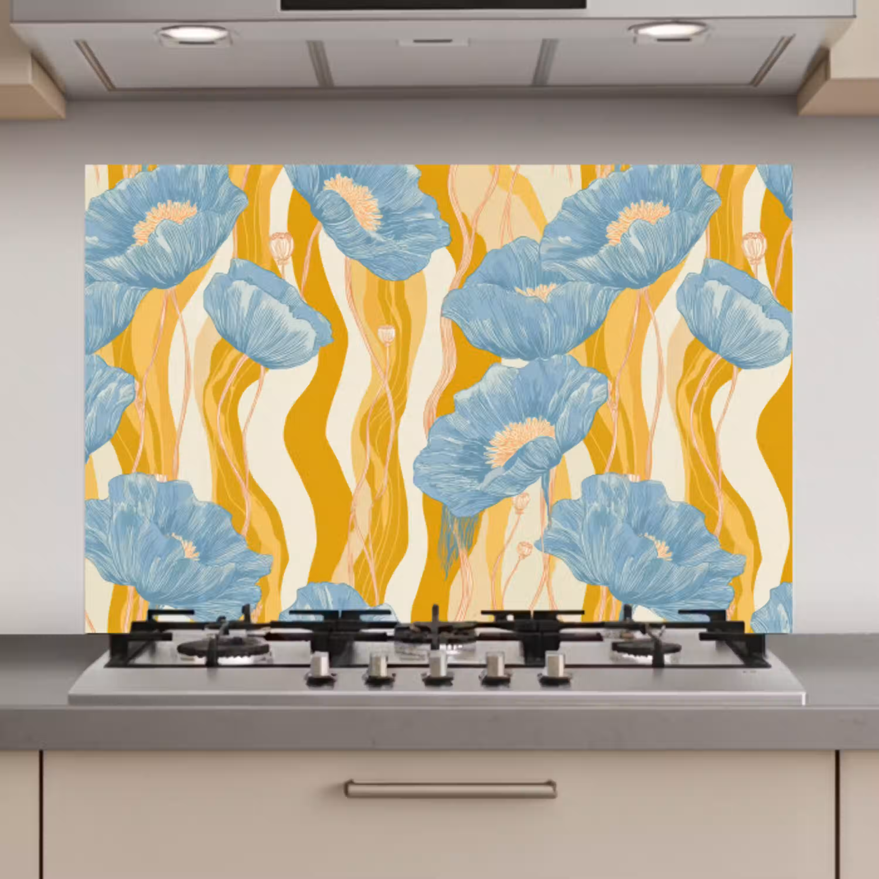 Papavers - Botanisch - Blauw keuken achterwand spatscherm klein 900 -3d_website