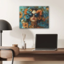 Vrouw - Bloemen - Oranje - Blauw - Modern PET vilt klein -sfeer5