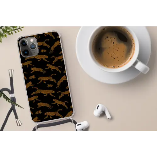 Panters - Patroon - Dieren - Zwart - Bruin Hoesje iPhone 12 Pro met koord klein -oordop
