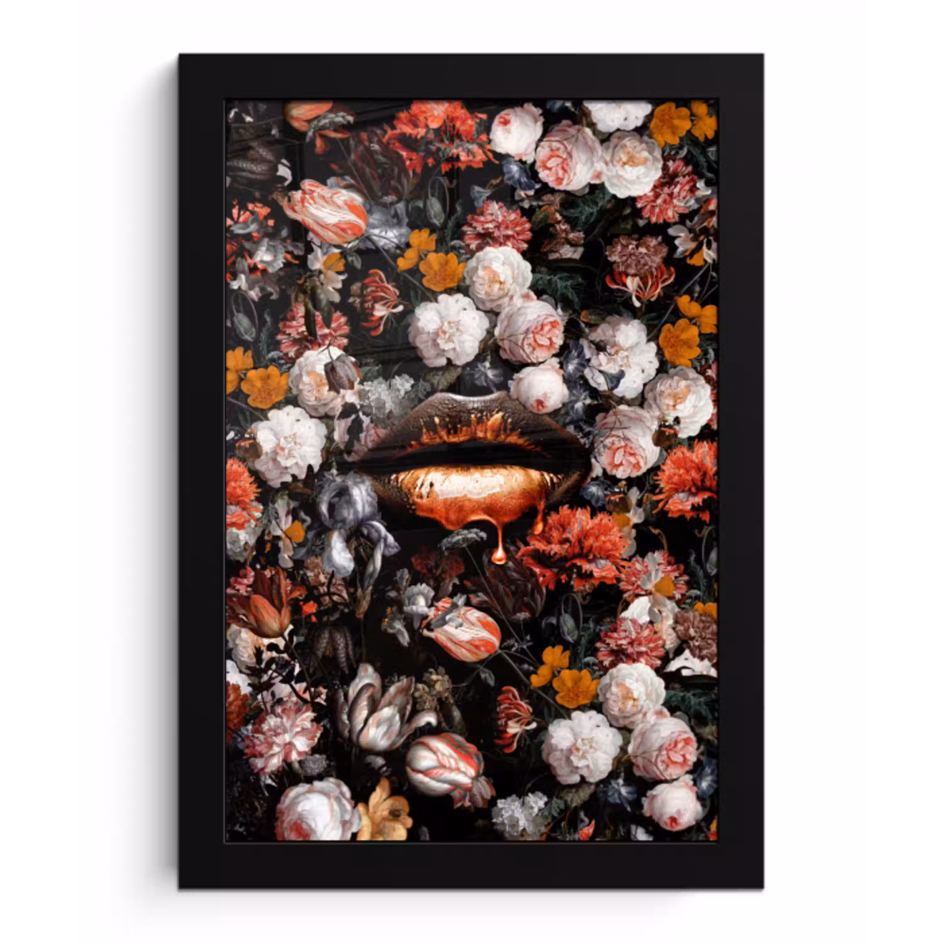 Lippen - Bloemen - Verf - Oranje - Kunst - Abstract - Oude meesters fotolijst zwart zonder passe partout klein -3d