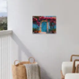 Deur - Hout - Bloemen - Blauw tuinposter los doek klein -sfeer8
