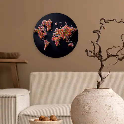 Wereldkaart - Snoepjes - Felle kleuren Wandcirkel plexiglas klein -sfeer1
