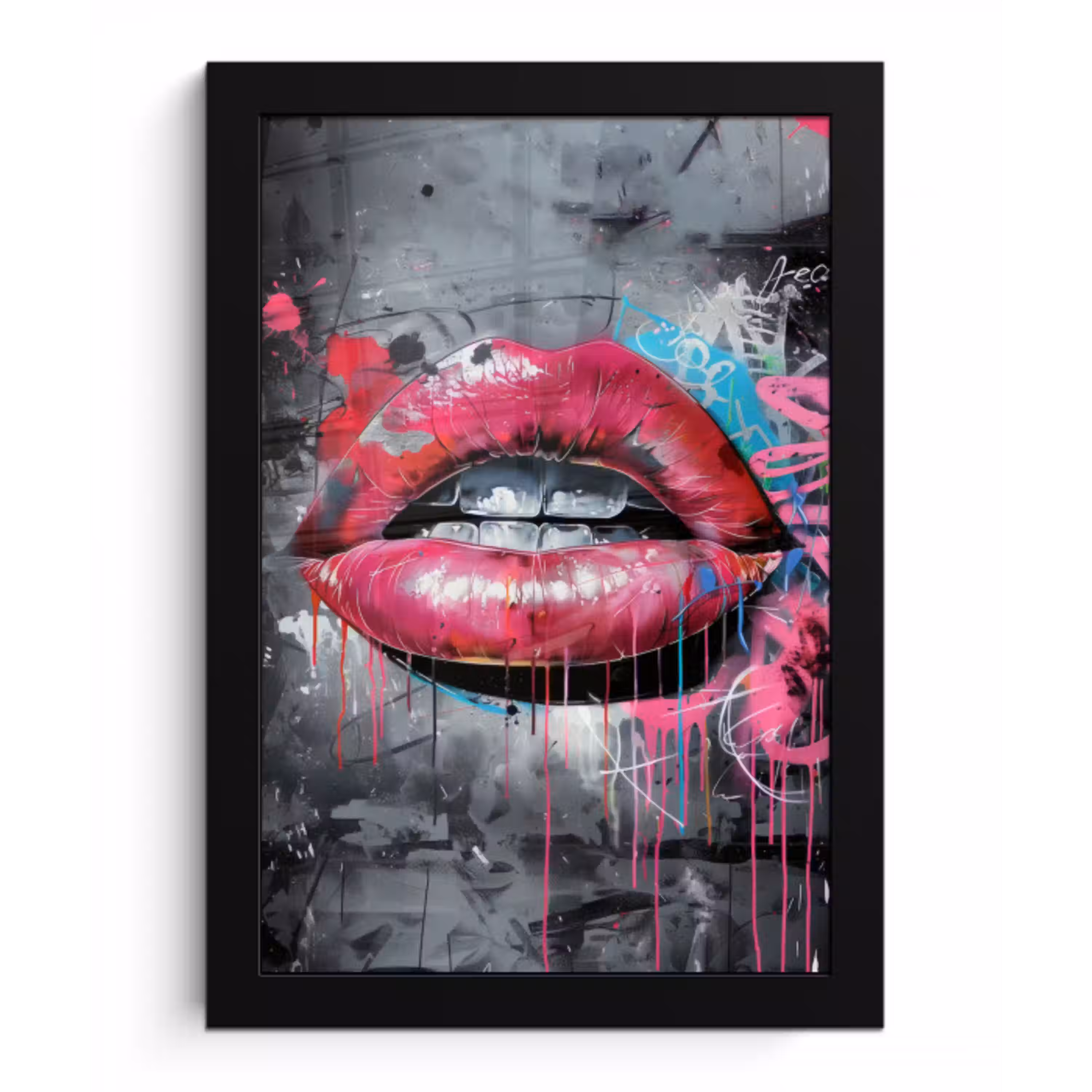 Lippen - Felroze - Graffiti - Verfstrepen fotolijst zwart zonder passe partout klein -3d