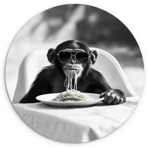 Aap - Spaghetti - Zonnebril - Zwart wit - Cool - Dier Wandcirkel kunststof plaat 5mm dik klein -3d