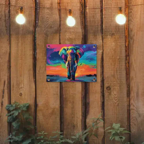 Olifant - Kleurrijk - Lucht - Abstract tuinposter los doek klein -sfeer1