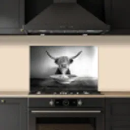 Schotse Hooglander - Spaghetti - Dieren - Zwart wit keuken achterwand spatscherm klein -sfeer1