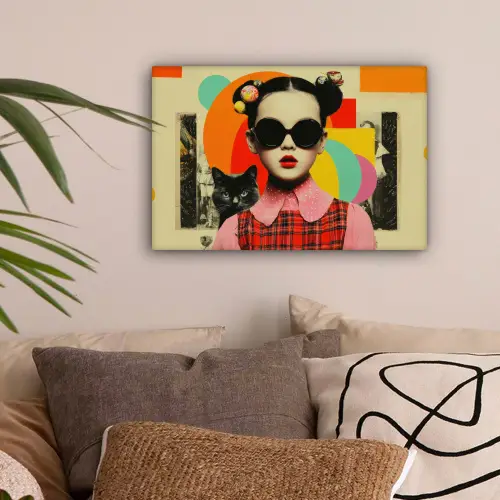 Meisje - Zonnebril - Kat - Retro canvas 2cm klein -sfeer1