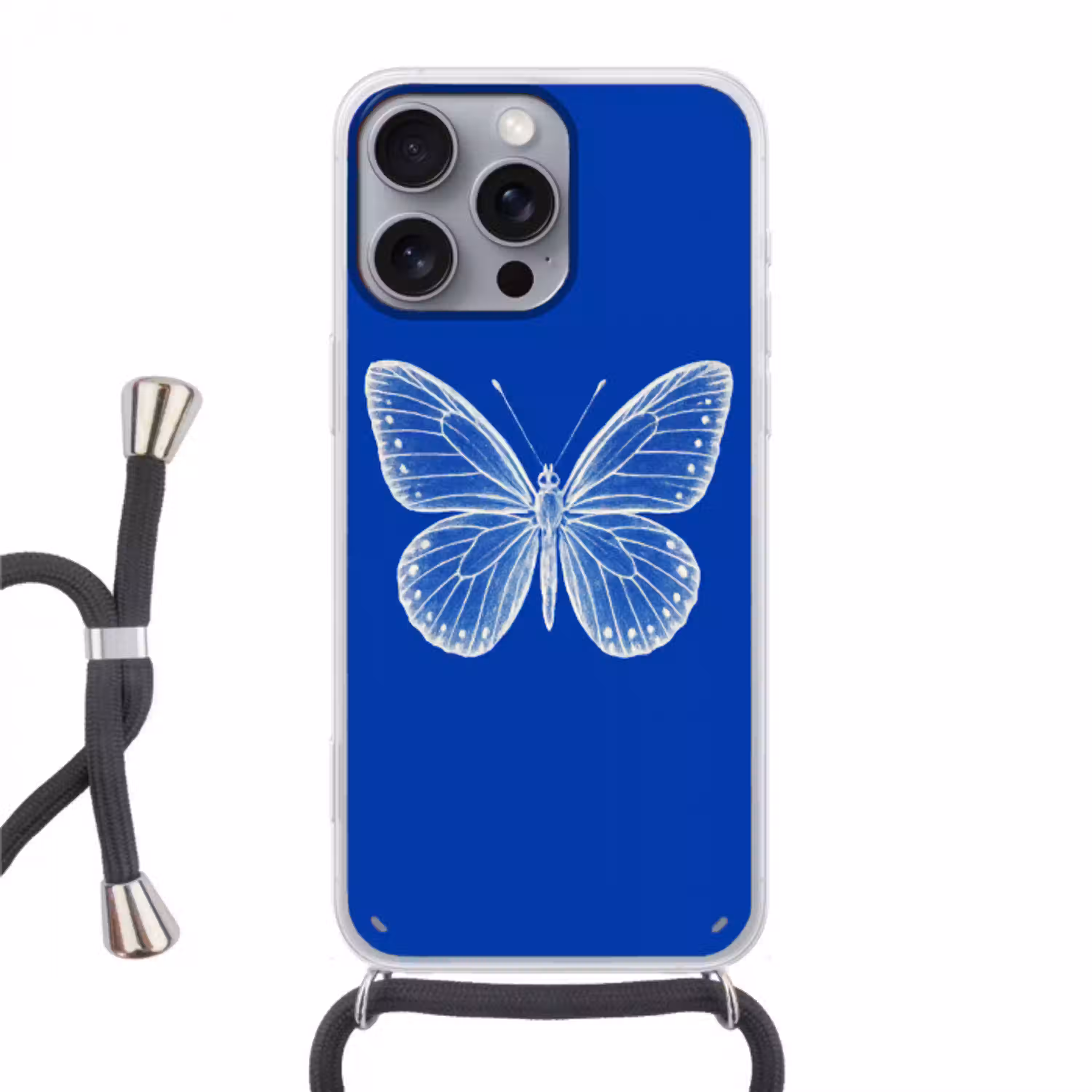 Vlinder - Wit - Getekend - Stippen Hoesje iPhone 16 Pro Max met koord klein -3d