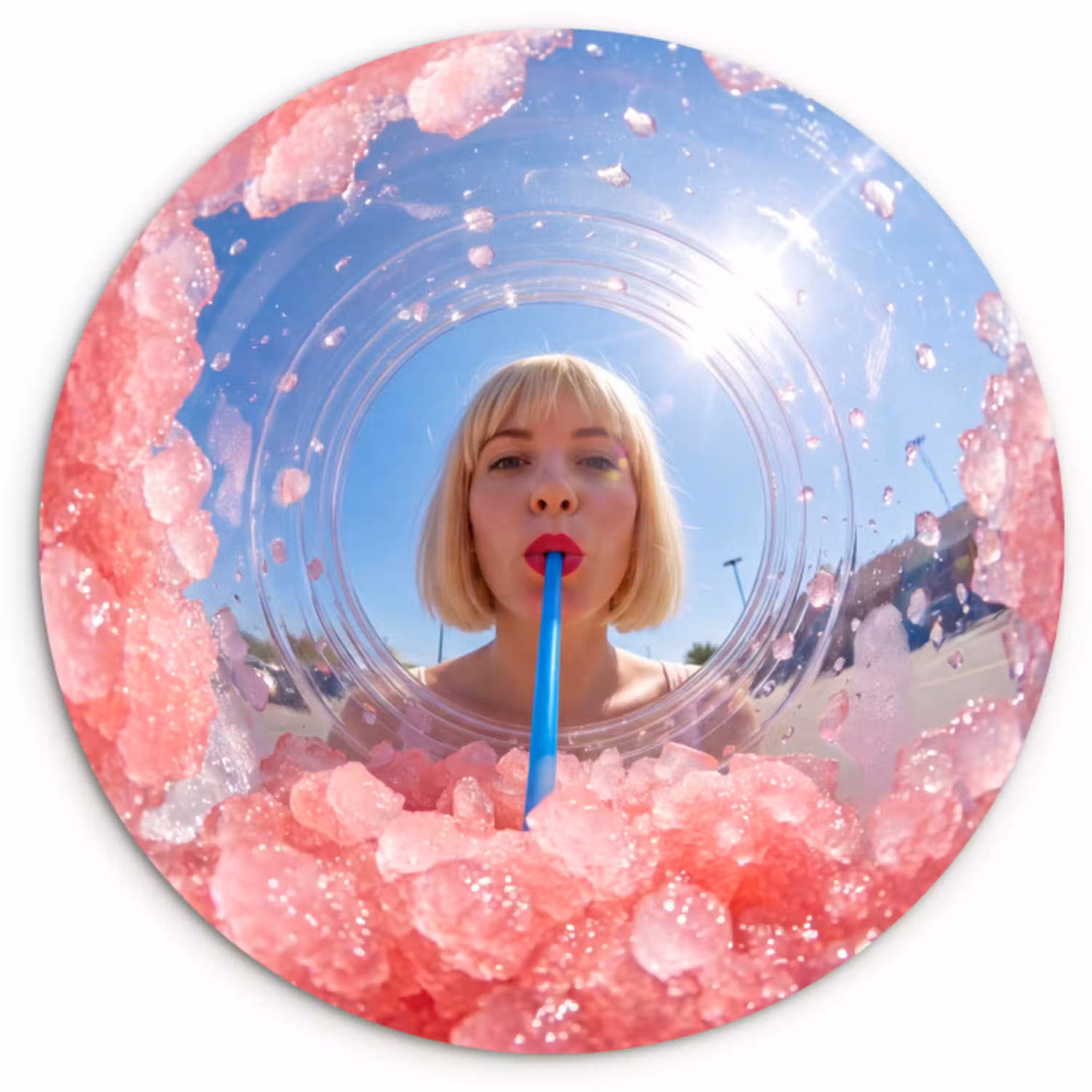 Vrouw - Drank - Zomer - Roze - Blauw Wandcirkel kunststof plaat 5mm dik klein -3d