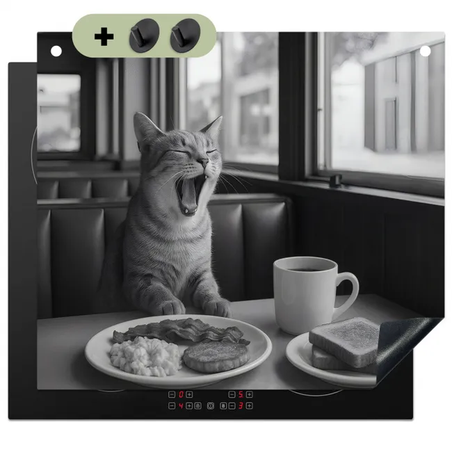 Inductiebeschermer & spatscherm (2in1) - Kat - Koffie - Brood - Zwart