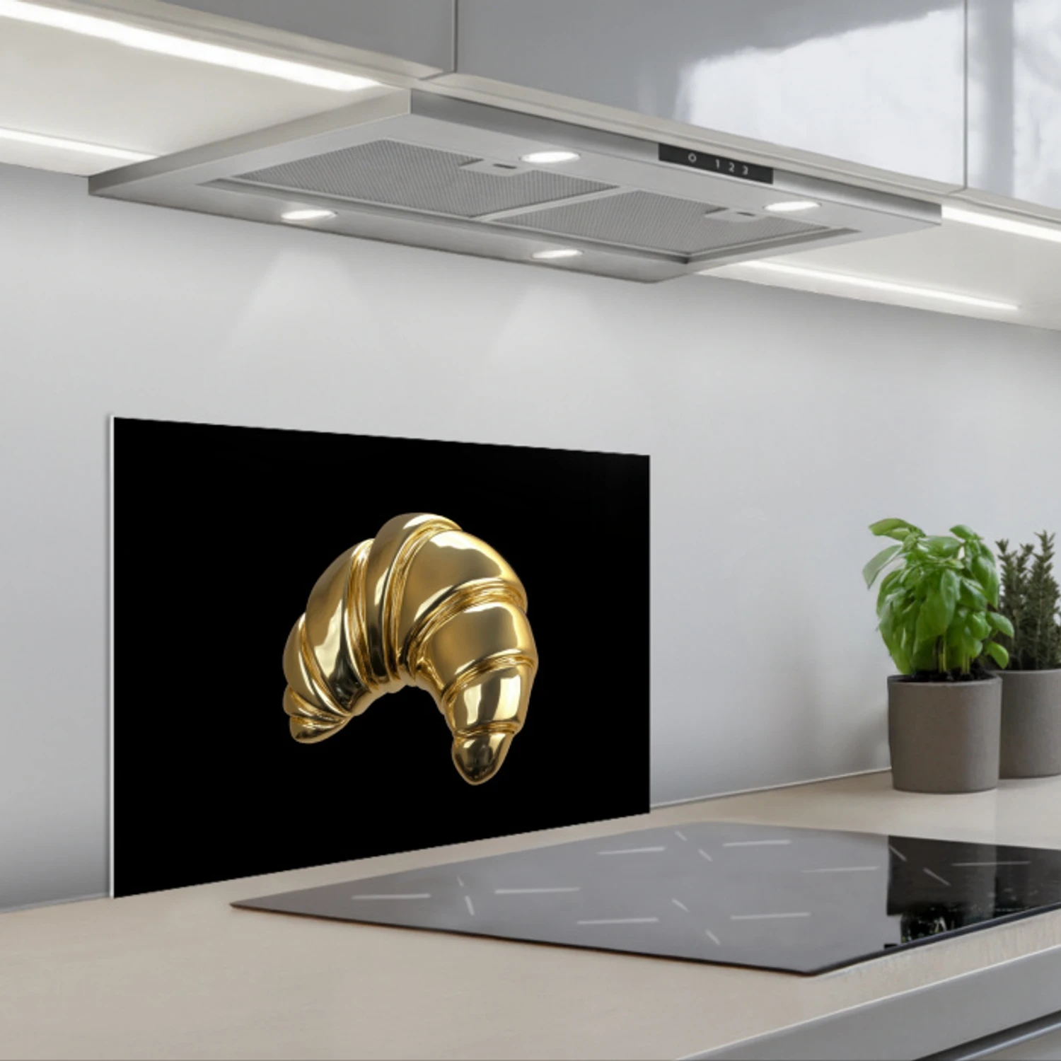 Croissant - Brood - Goud - Zwart keuken achterwand spatscherm klein -3d_schuin
