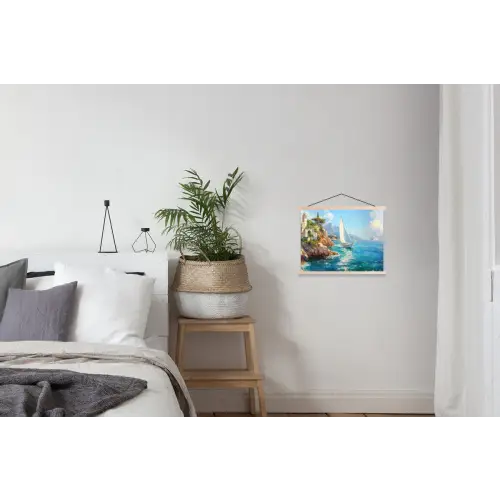 Zeilboot - Rotsen - Kust - Huizen textielposter latten blank klein -woonkamer