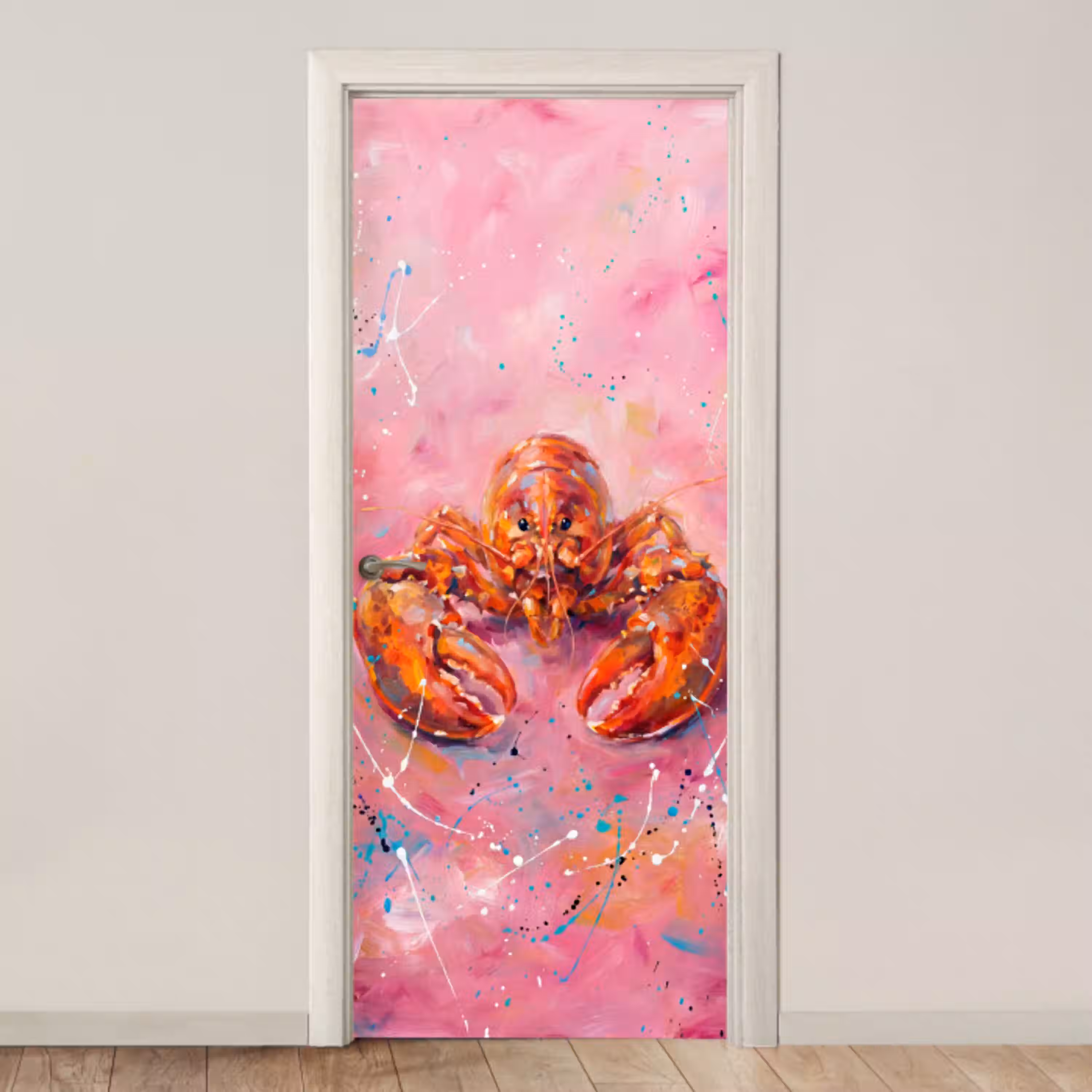 Zeeleven - Kreeft - Spatters - Abstract - Roze deurposter klein -3d_beige