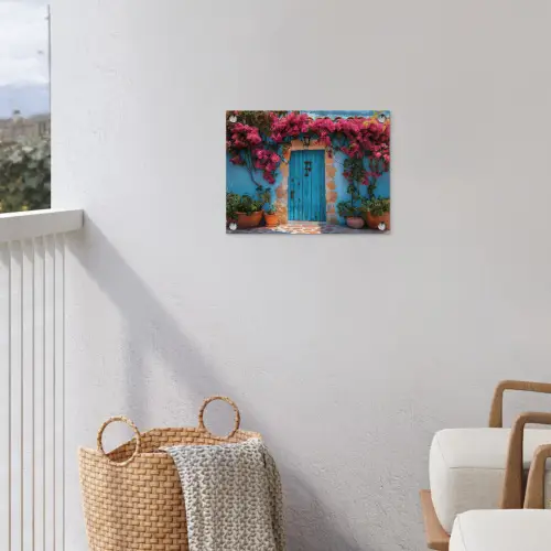 Deur - Hout - Bloemen - Blauw tuinposter los doek klein -sfeer8