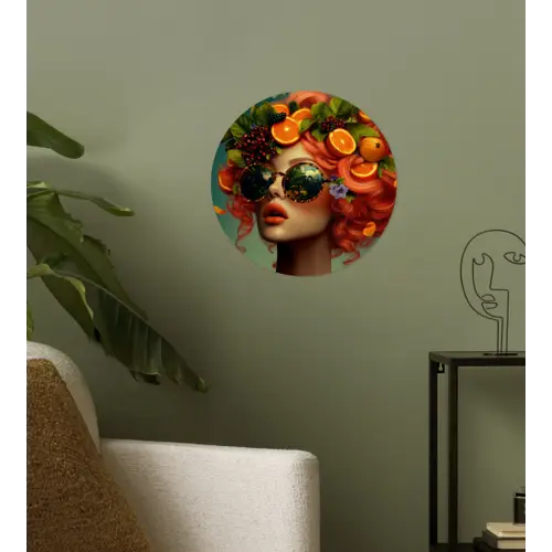 Vrouw - Sinaasappel - Bessen - Oranje Wandcirkel behangsticker klein -sfeer2