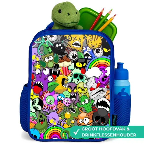 Kleurrijke Monstermix Kinderrugzak - Blauw middel -inhoud_NL