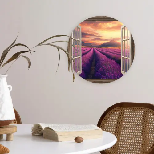Doorkijk - Lavendel - Landschap - Bloemen - Paars Wandcirkel plexiglas klein -sfeer4