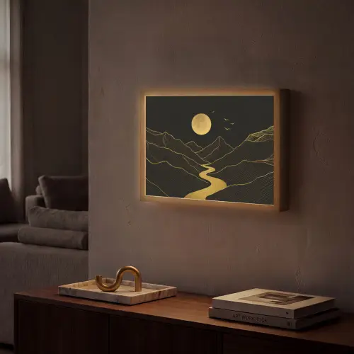 Rivier - Goud - Maan - Vogels Light Box met batterij (Wandlamp) middel -sfeer1