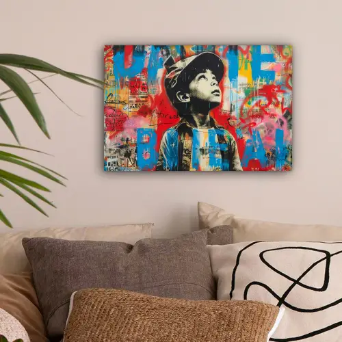Graffiti - Vintage - Jongen - Street art - Neon - Banksy canvas 2cm klein -sfeer1