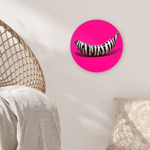 Banaan - Zebraprint - Roze Wandcirkel kunststof plaat 5mm dik klein -sfeer5