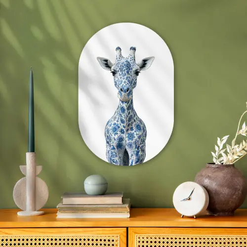 Giraffe - Delfts blauw - Dieren - Minimalistisch Wandcirkel Ovaal Forex klein -sfeer2