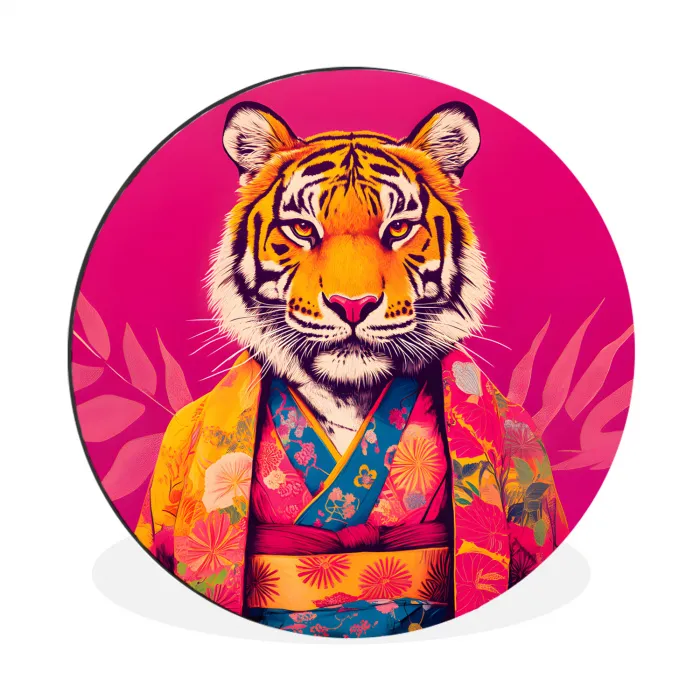 Tijger - Kimono - Planten - Roze Wandcirkel aluminium klein -3d