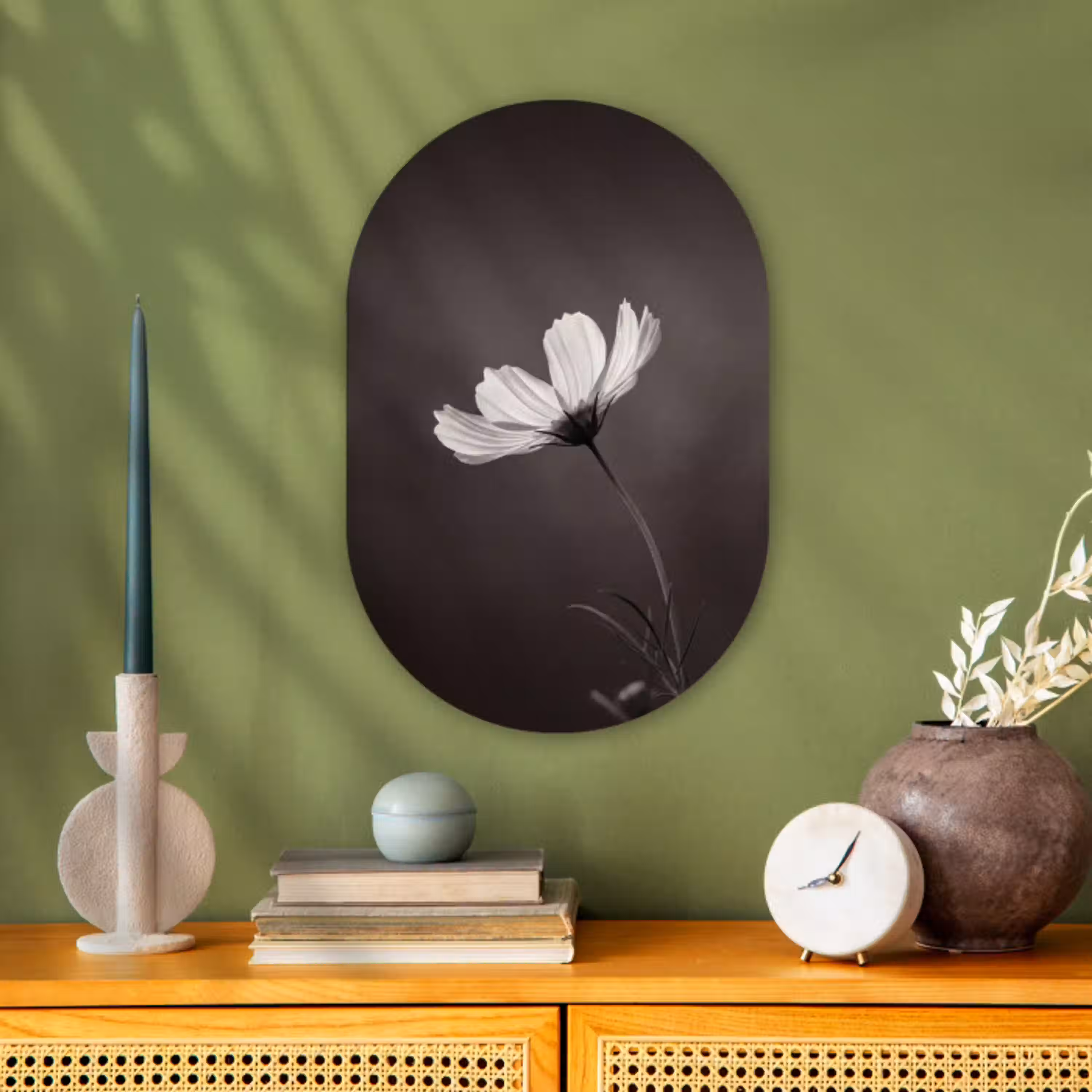 Bloem - Minimalistisch - Zwart - Wit Wandcirkel Ovaal Forex klein -sfeer2