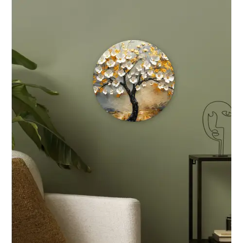 Boom - Bloemen - Goud - Beige Wandcirkel kunststof plaat 5mm dik klein -sfeer3