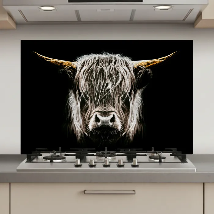 Schotse hooglander - Goud - Hoorns - Zwart wit - Koe - Dieren keuken achterwand spatscherm klein -3d_website
