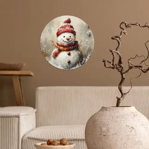 Sneeuwpop - Winter - Sneeuw - Beige Wandcirkel behangsticker klein -sfeer1