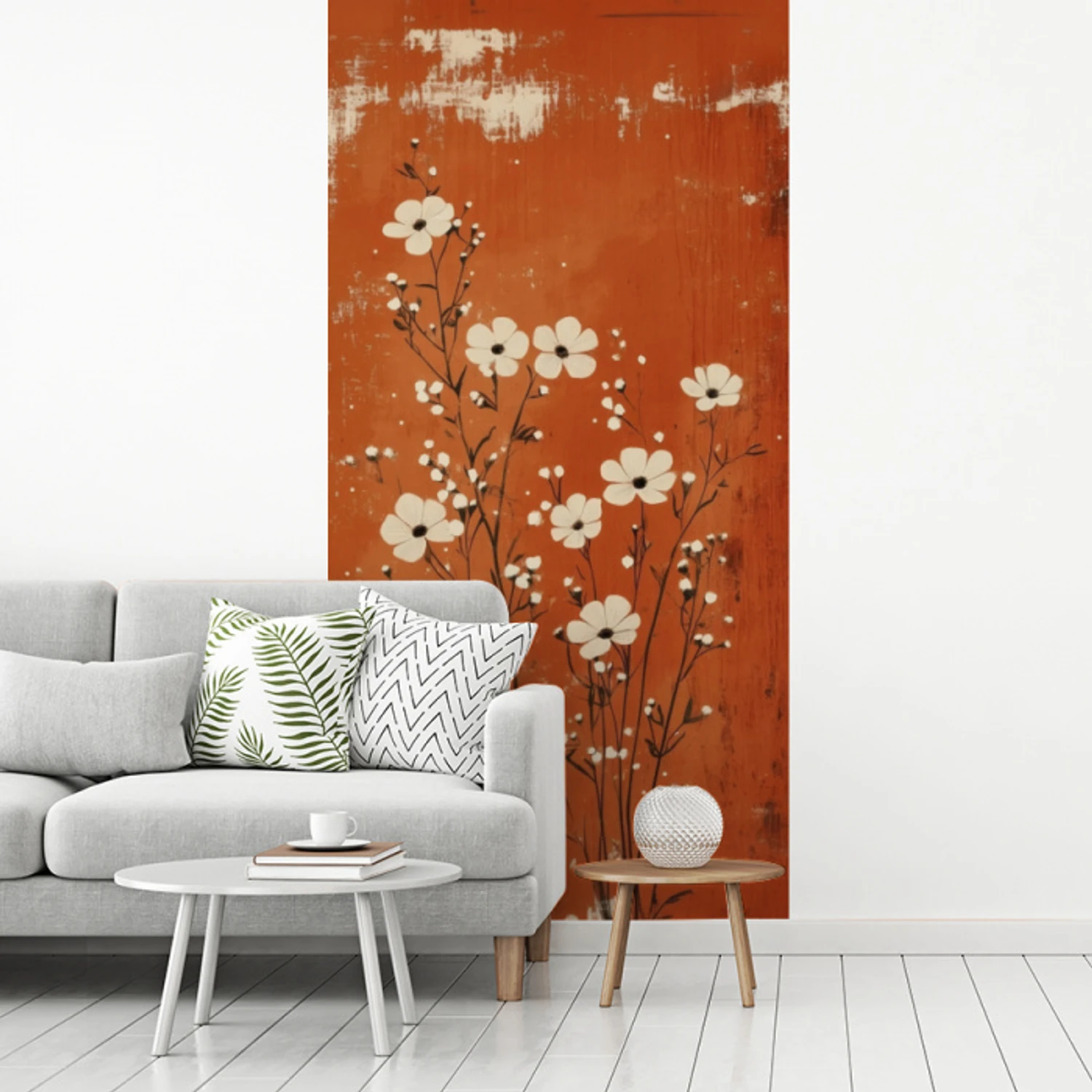 Bloemen - Wit - Subtiel - Roestkleur fotobehang vinyl groot -woonkamer