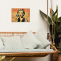 Retro - Vrouw - Koptelefoon - Oranje tuinposter los doek klein -sfeer7