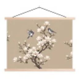 Oosters - Vogels - Beige textielposter latten blank klein -3d