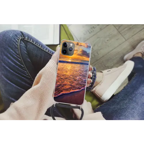 Zee - Strand - Zonsondergang - Wolken - Horizon Hoesje iPhone 12 Pro met koord klein -hand