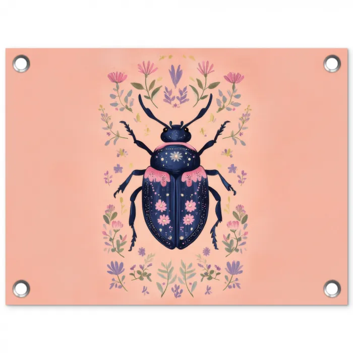 Kever - Donkerblauw - Bloemen - Sierlijk tuinposter los doek klein -3d