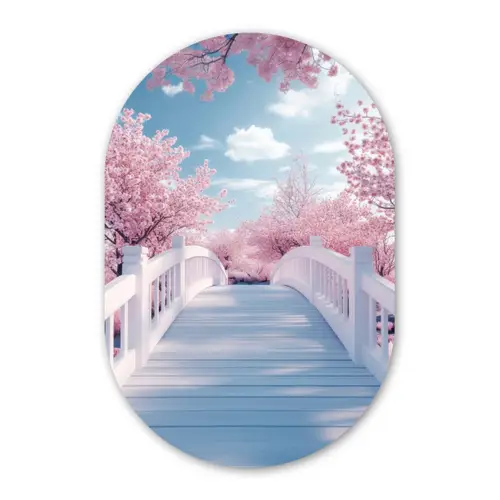 Brug - Kersenbomen - Wit Wandcirkel Ovaal Forex klein -3d