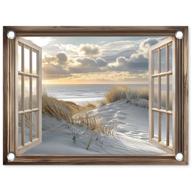Doorkijk - Strand - Duinen - Zee - Natuur tuinposter los doek klein -3d